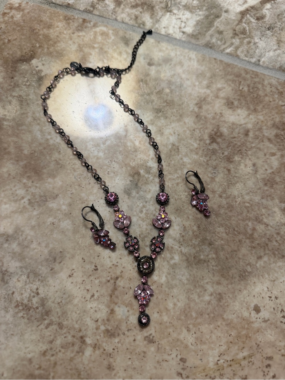 Delicate Pink Crystal Drop Necklace & Earring Set